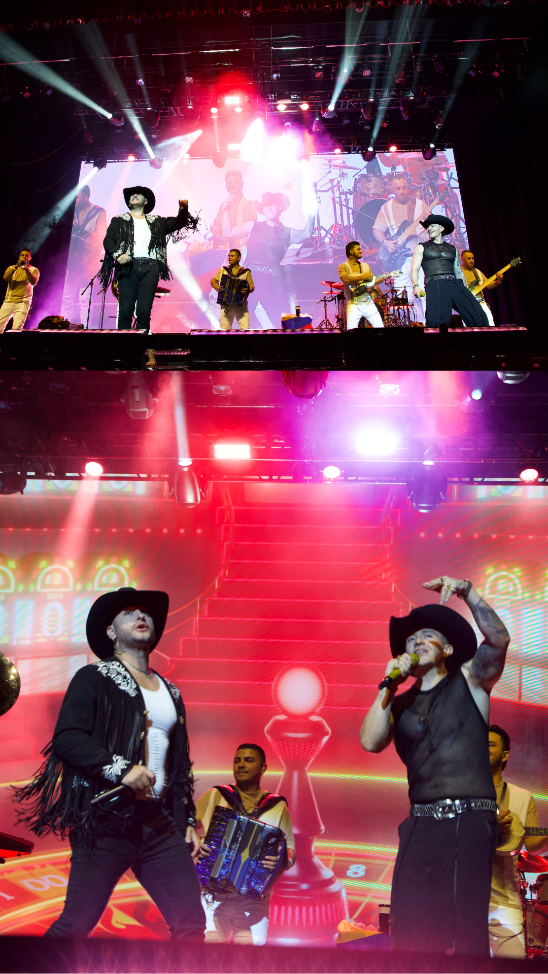 Show con banda en vivo bajo luces rojas y blancas